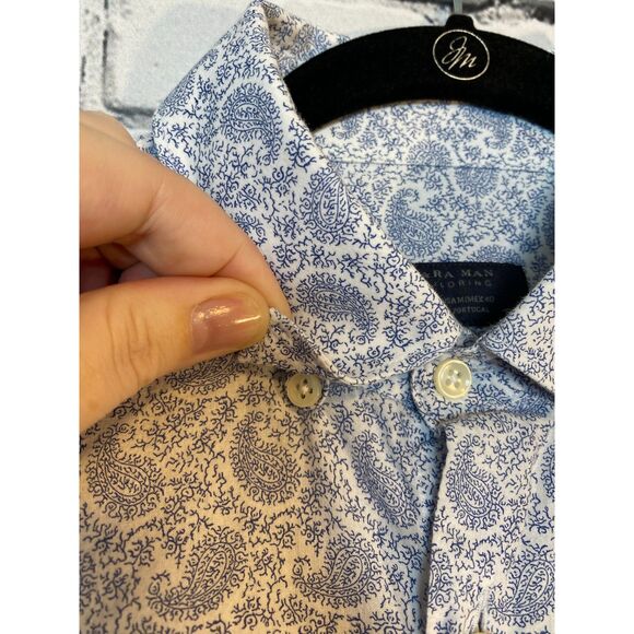 Zara Man Tailoring Slim Fit Long Sleeve Button Down Shirt Size M White Blue - Picture 9 of 11